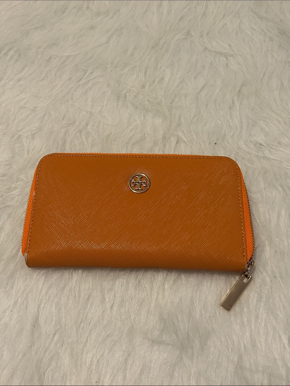 Tory Burch Orange Zip-Around Saffiano Wallet